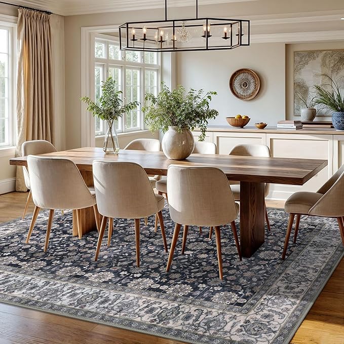 KUTA Vintage 8x10 Area Rugs for Living Room, Washable Large Rug for Bedroom 8ft x 10ft Non-Slip, Grey Black Beige Ultra Thin Soft Printed Traditional Floral Distressed Dining Room Low-Pile Carpet