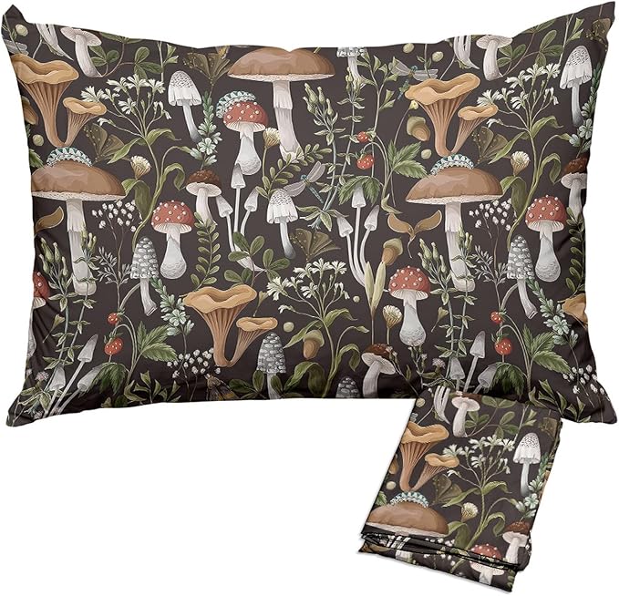 Moody Botanical Pillow Protectors with Zipper Standard Size Dark Academia Mushroom Strawberry Print Pillow Covers Set of 2 Rustic Nature Plant Pillow Cases Black Bed Pillow Covers 12"x24"