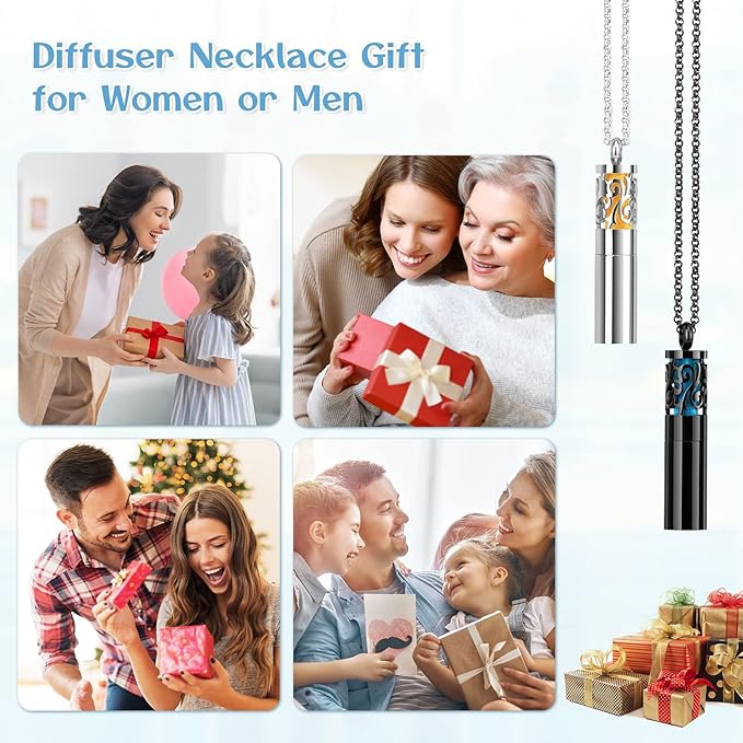 Maromalife Essential Oil Diffuser Necklaces for Women, 2PCS Aromatherapy Necklaces Stainless Steel Diffuser Locket Pendant Cylinder with 20 Felt Pads, Aroma Necklaces Gift Set for Mothers Day