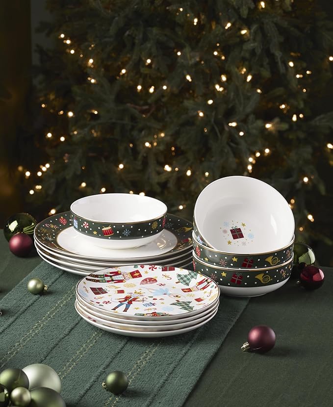 Lenox Dinnerware Set, Nutcracker Ballet 12-Piece Dinnerware Set, Service for 4, Made Of Porcelain, Dishwasher/Microwave Safe, Includes Plates and Bowls for Pasta and Salad, Christmas Decor (12 Piece)
