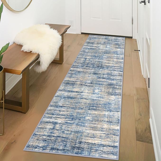Modern Abstract Runners for Hallways 2x6, Kitchen Rug Blue Beige Washable Runner Rug Non-Slip Print Striped Ultra Thin Floor Carpet for Entryway Laundry Room Bedroom Bathroom Mat