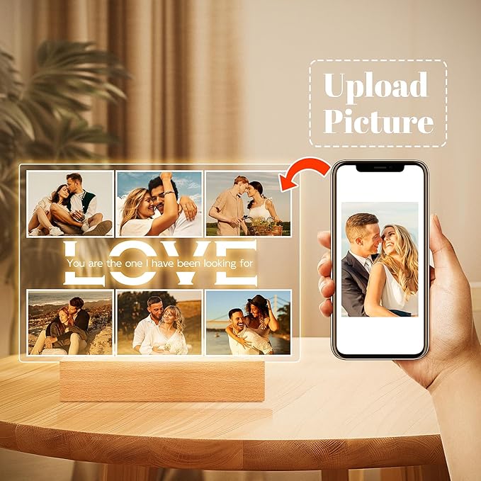 Personalized Christmas Anniversary Couples Gifts for Women Men Girlfriend Boyfriend, Custom Picture Frames with Photo, Personalized Photo Frame with Night Light, Customized Gifts for Her Him Wife
