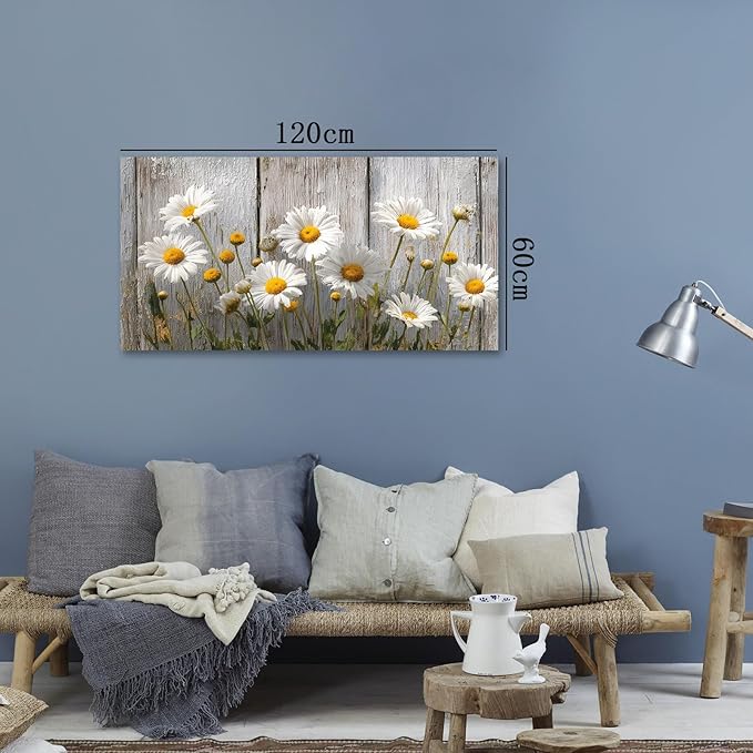 KZKU Rustic Daisy Canvas Wall Art-White Flowers on Weathered Wood Background-Large Modern Farmhouse Decor for Living Room Bedroom 24X48in