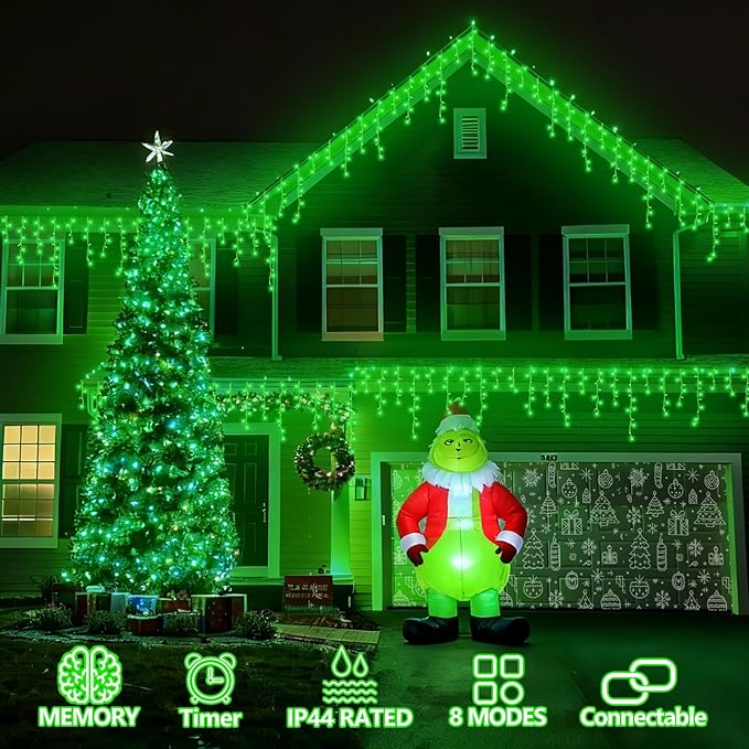 YEGUO 33ft 400 LED Icicle Christmas Lights Outdoor Waterproof, 80 Drops Icicle Lights Connectable, 8 Modes Icicle String Light with Memory(Green)