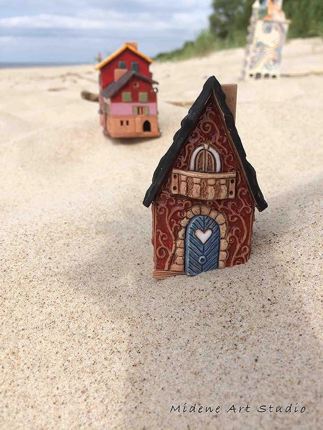 Ceramic Christmas Village Houses Collection - Collectible Miniature Red House - Cone Incense Holder R502