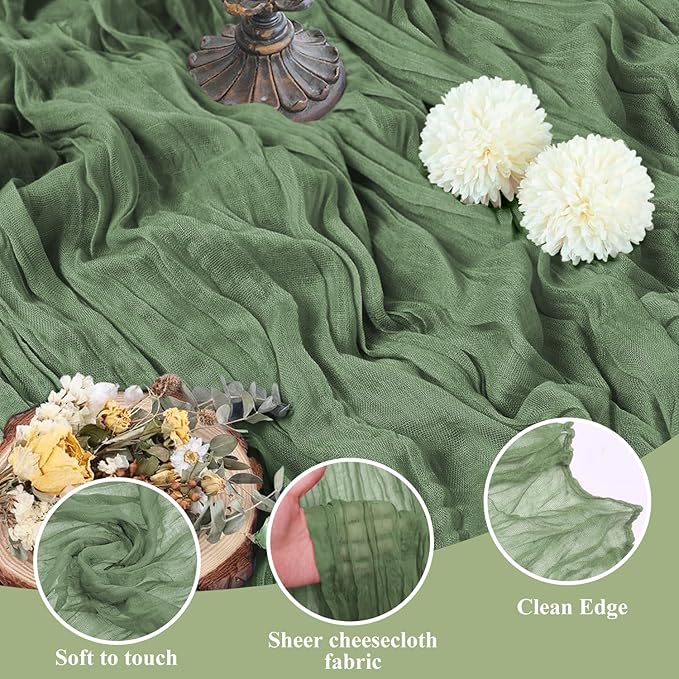 Asee'm Cheesecloth Table Runner 120 Inches Sage Green Boho Gauze Cheese Cloth Runner 10FT Rustic Sheer Table Runners for Valentine's Day Wedding Baby Shower Holiday Party Decoration
