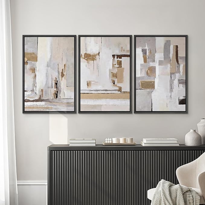 SIGNWIN Framed Canvas Print Wall Art Set Abstract Geometric Neutral Beige and White Illustrations Modern Art Decorative Rustic Calm/Zen for Living Room, Bedroom, Office - 24"x36"x3 Black