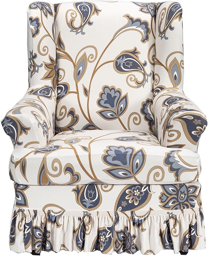 CRFATOP 2 Piece Stretch Wingback Chair Cover with Skirt Printed Wing Chair Slipcovers Spandex Fabric Wingback Armchair Covers with Cushion Slipcover for Living Room Bedroom Wingback Chair,C11