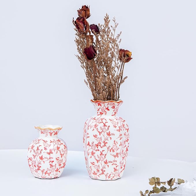 Red and White Ceramic vase, Chinoiserie Botanical vase with Wavy Gold Rim, Modern Mantel Decor, Chinese Style, Art Pottery (Small, Hongmanzhi)