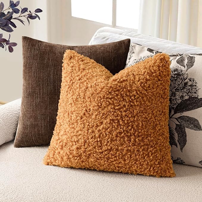 Foindtower 2 Pieces 16x16 Inch Orange, Faux Fur Throw Pillow Cover Accent Sherpa Furry Pillow Covers Fuzzy Soft Pillowcases Cozy Sheepskin Decorative Fleece Cushion Case for Bed Couch Living Room