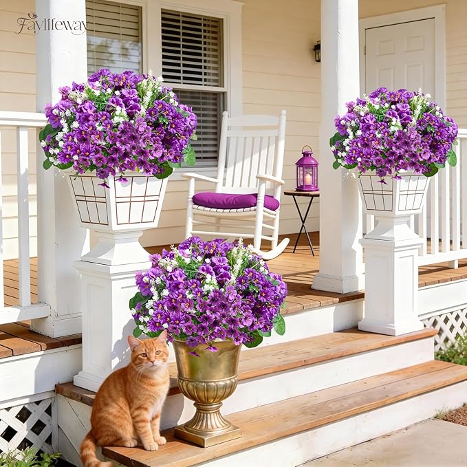 16 Bundles Artificial Flowers for Outdoors, UV Resistant Silk Faux Flowers for Outside Planters,Garden,Porch,Patio,Yard,Home Decor(Purple)