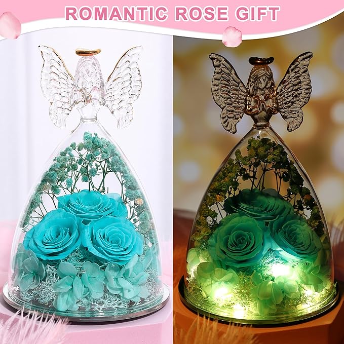 Christmas Rose Gifts for Women Preserved Real Flower in Glass Angel Figurines Roses for Delivery Prime Birthday Gifts for Mom Grandma Girlfriend Wife Her - Tify Blue