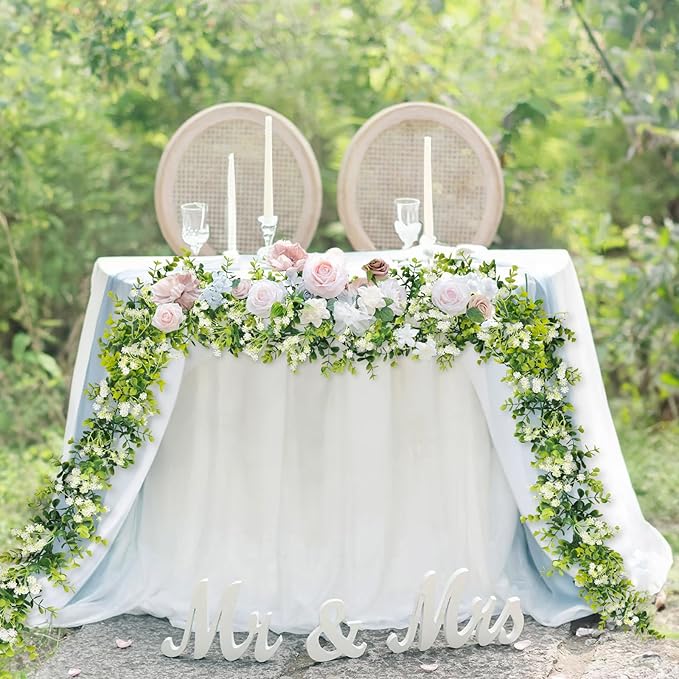 6FT Eucalyptus Garland with Flowers, 4 Pack Greenery Hanging Spring Eucalyptus Garland Suitable for Table Wedding Backdrop Arch Wall Party Thanksgiving UV Protected Indoor Outdoor Decorations