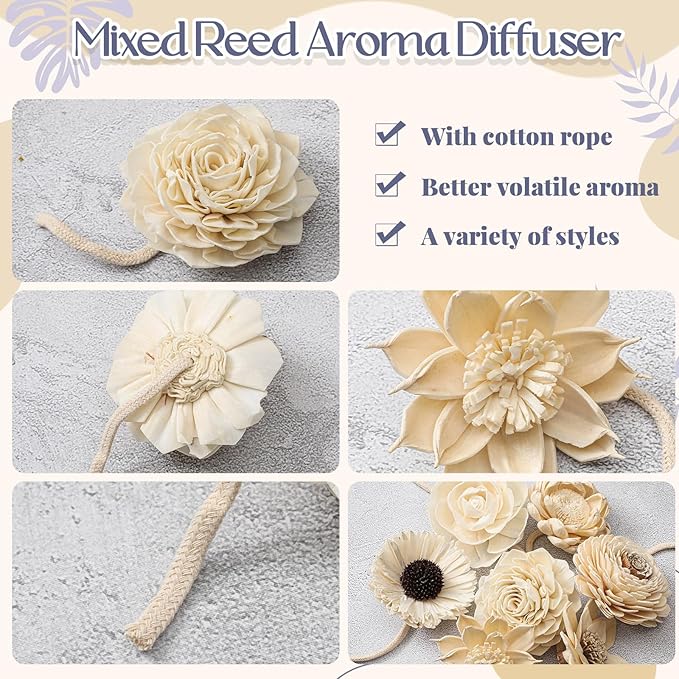 Waydress 15 Pcs Diffuser Mixed Sola Flowers Natural Material Aromatherapy Reed Wood Flowers Decorative Aromatherapy Flower Placement Refill Wood Flower Diffuser with Rope (1.57-3.15 Inches,Classis)