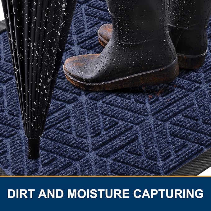 Smiry Front Door Mat Outside Entrance, Heavy Duty Sturdy Natural Rubber Doormat, Trap Dirt and Moisture, Easy Clean Low Profile Mats for Indoor Outdoor Entry, Grid Geometric (47x23, Navy Blue)