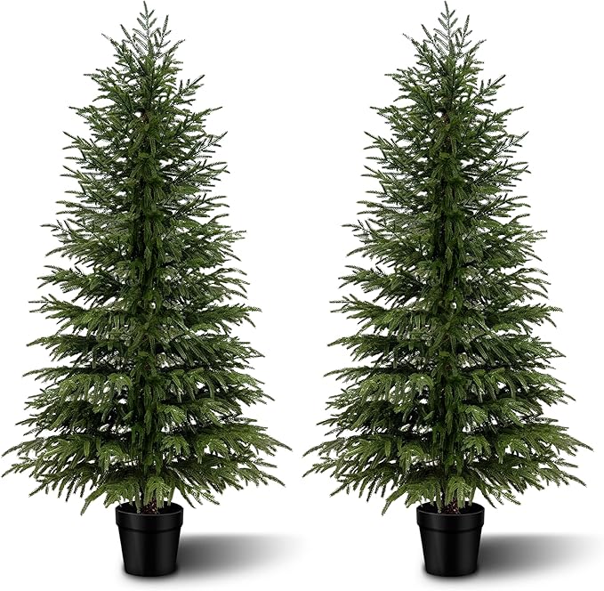 6FT Artificial Norfolk Pine Trees 2-Pack, Real Touch Faux Cedar Topiary Set in Black Pots, Tall Indoor Outdoor Fake Evergreen Plants for Living Room, Entryway, Office Decor