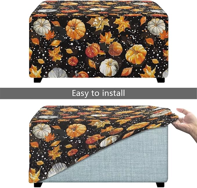 Fall Maple Leaves Pumpkin Rectangle Ottoman Cover Machine Washable Stretchable Slipcover with Elastic Edge for Rectangular Footstools, Thanksgiving Decor 30" L x 24" W x 15" H