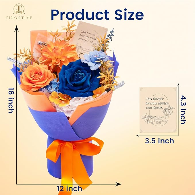 TINGE TIME Preserved Flowers Bouquet, Orange & Navy Blue Roses Gift Bouquet, Aritifical Flowers Gifts for Women, Eternal Roses Bouquet for Wife Anniversary Christmas Anniversary Home Décor
