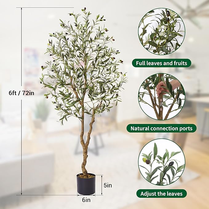 6 Ft Artificial Olive Trees, Fake Potted Silk Plant Faux Olive Tree with Trunk and Fruits, Indoor Outdoor Artificial Tree Large Olive Plants for Living Room Home House Office Decor