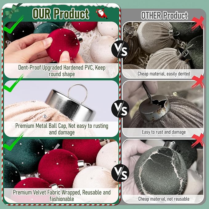 TonJin Christmas Tree Ornaments Velvet Balls 12 Pack, 2.36"/60mm Glitter Shatterproof Hanging Flocked Xmas Bulbs Decorations, Lightweight, 4 Colors Red Black Sage Green Beige,Holiday Party Home Decor