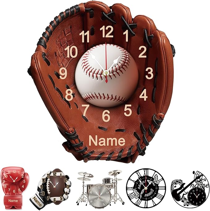 Personalized Metal Clock with Name Custom Wall Baseball Gloves Clock Non Ticking Silent for Home Decoration Music Classroom Living Room Customized Birthday Christmas