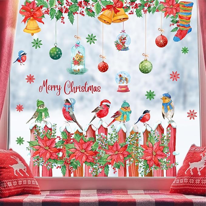 Christmas Window Clings Christmas Window Decoration Stickers Indoor Double Sided Winter Glass Decals Xams Wall Decor Sticker Hanging Flowers Bird Decal for New Year Party Living Room Holiday Supplies