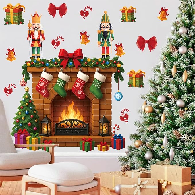 Large 3D Christmas Wall Decals,Christmas Fireplay Wall Sticker Nutcracker,Xmas Fireplace Wall Decoration,Fireplace Backdrop Decor,Winter Xmas Gift Nutcracker Decals for Home Living Room