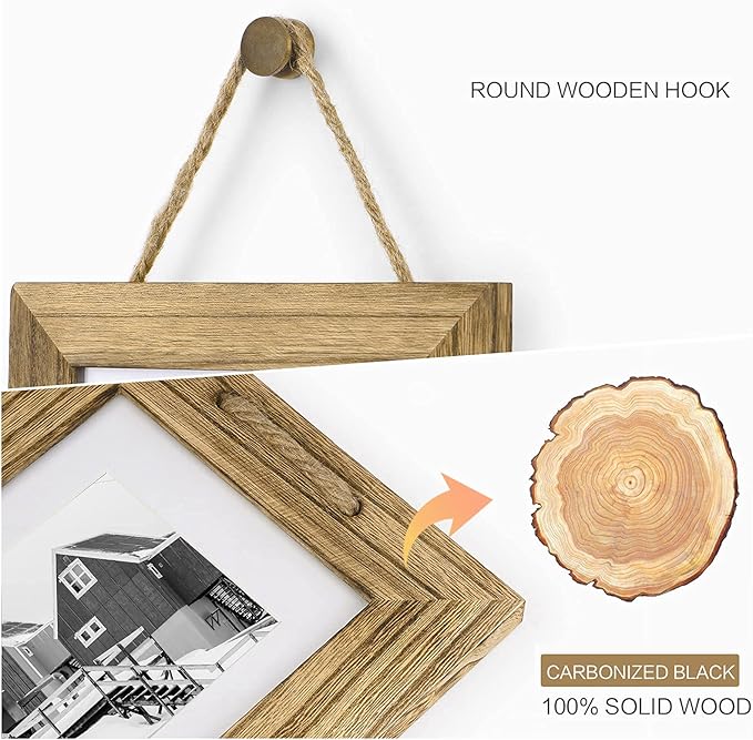 DLQuarts 5x7 Hanging Picture Frames Collage Wall Decor, 3-Frame Set, 3.5x5 with Mat or 5x7 Without Mat, Rustic Solid Wood Photo Frame Pack of 2 Carbonized Black