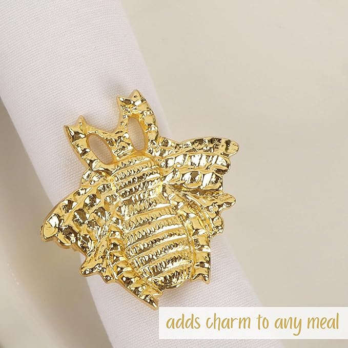 ALPHA Living HOME 12 Pcs Modern Bee Napkin Rings - Premium Metal Napkin Rings Table Decor Napkin Ring, Dining Cloth Napkin Holder for Wedding, Party, Christmas, Everyday Dining (Gold)