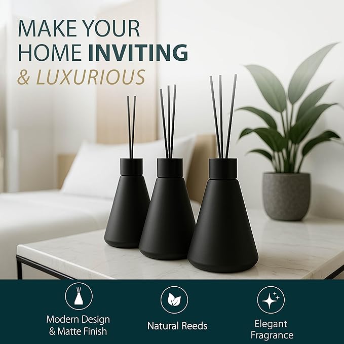 Mega Handles Reed Diffuser Sets (50ml) - 3 Pack White Flower Scent Bathroom Diffuser, Elegant Reed Diffuser for Shelf Decor, Decorative Air Freshener for Large Rooms - Matte Black