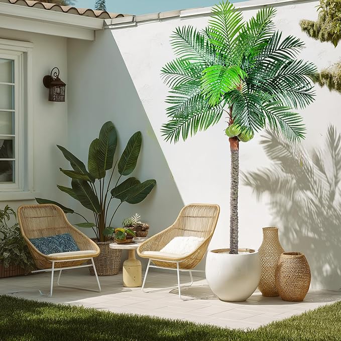 Artificial Phoenix Palm Tree 8.2ft Tall - Fake Large Tropical Tree with Adjustable Leaves, Realistic Faux Sago Palm for Indoor Outdoor Decor, Patio, Poolside, Yard, Living Room, Office