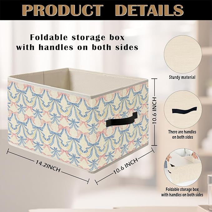 Coquette Blue and Pink Ribbon Bow Storage Bin Box with Handles, Grandmillennial Girly Aesthetic Foldable Organizer Basket Toybox for Girls Dorm Bedroom Bathroom Clothes Toys Books