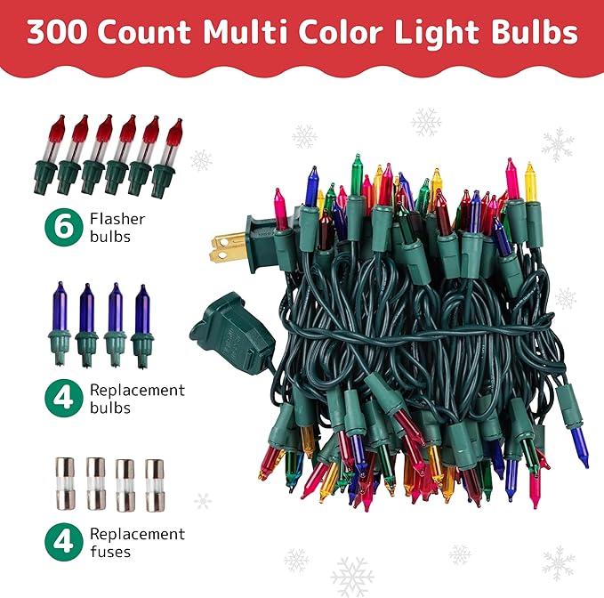 PREXTEX Multicolored Christmas Lights with Green Wire, 60 Feet, 300 Lights, Colorful String Lights Indoor or Outdoor - Incandescent String Lighting for Christmas Tree Decorations for Fences and Patios