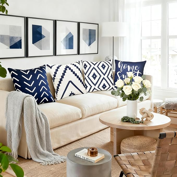 Decorative Throw Pillow Covers 18x18 inch Set of 4 Blue Pillow Covers for Couch Sofa Bed Living Room,Farmhouse Outdoor Throw Pillow Cover,Modern Geometric Linen Square Throw Pillow Cases
