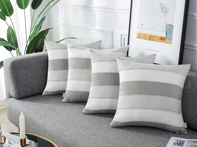 AmHoo Pack of 2 Farmhouse Stripe Check Throw Pillow Covers Set Case Cotton Linen Decorative Pillowcases Cushion Cover for Couch Bench Sofa 24x24Inch Light Grey Beige