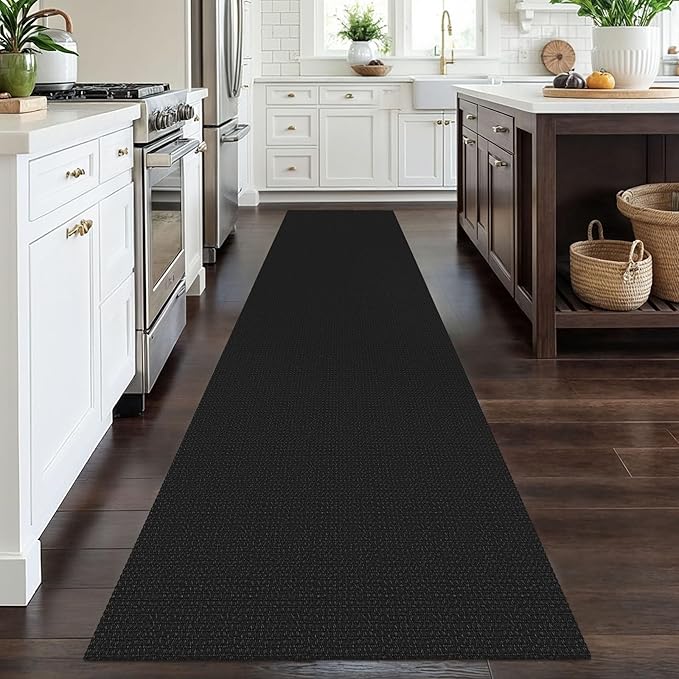 EARTHALL Woven Runner Rug 2.6x12 Ft Washable Runners for Hallways Extra Long Cotton Non Slip Rubber Backed Kitchen Runner Braided Indoor Floor Carpet for Entryway, Hall, Kitchen, Black/Grey