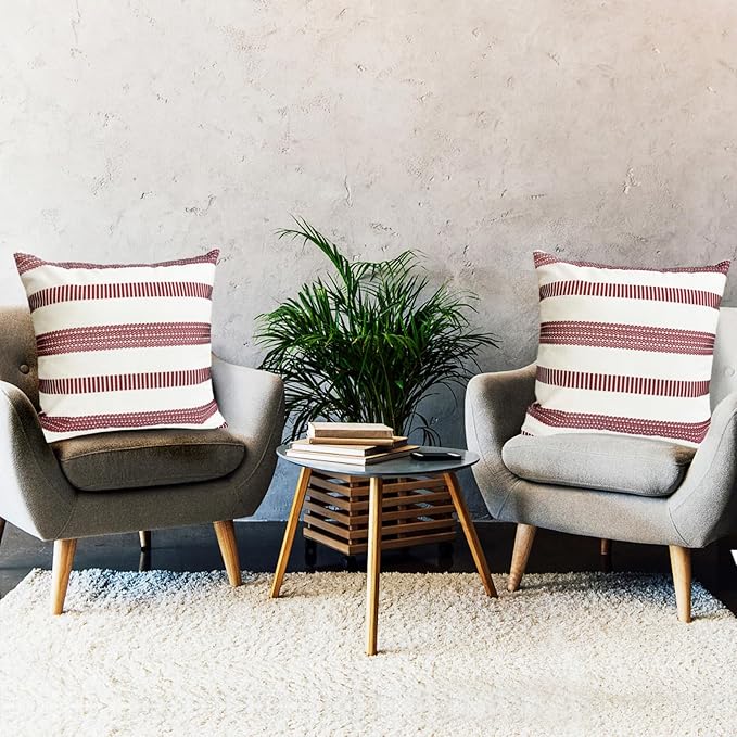 Decorative Throw Pillow Covers Set of 2 Wine Red Boho Striped Pillow Covers 18x18 Inch Throw Pillow Cover Linen Pillowcase Farmhouse Outdoor Pillow Covers for Couch Sofa Bed Living Room