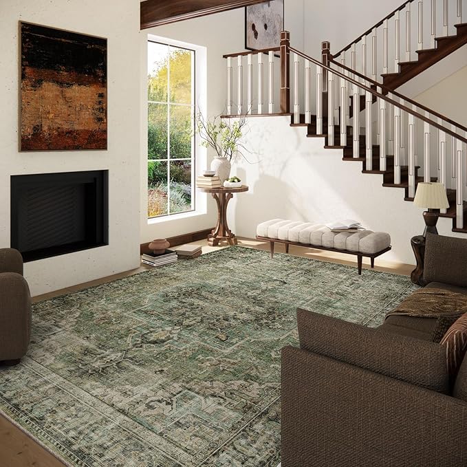 10x12 Area Rug Washable Rugs: Large Living Room Rug Stain Resistant Non Slip Distressed Vintage Low Pile Faux Wool Soft Green Rugs for Bedroom Farmhouse Dining Room Kids Playroom Nursery