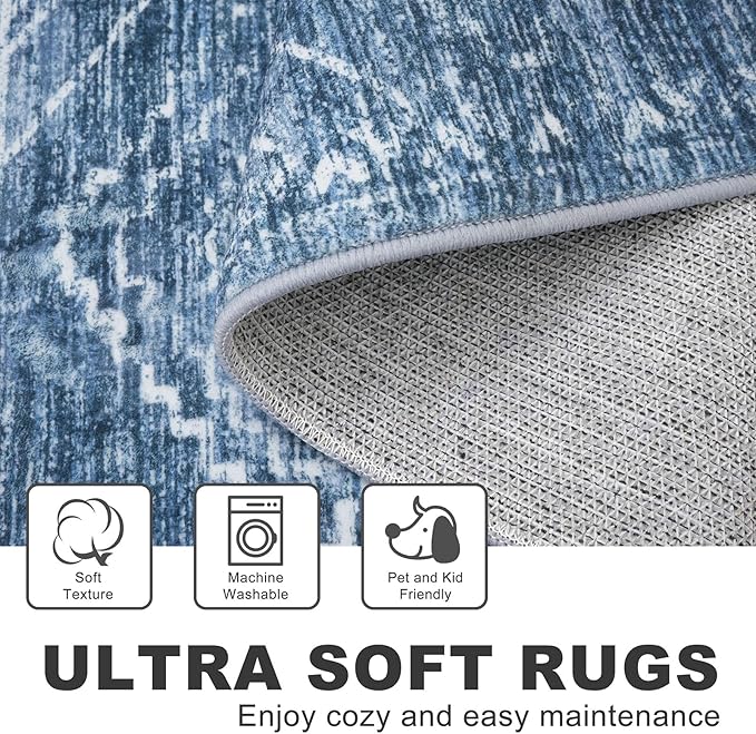 KILOCOCO Boho Entryway Rug 3x5 Area Rug Washable Non Slip Printed Throw Rugs Soft for Kitchen Living Room Dining Bedroom Geometric Moroccan Carpet, Blue
