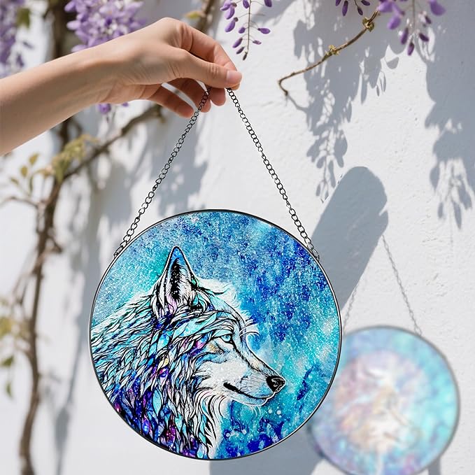 Stained Glass Window Hanging, Stained Glass Suncatcher, Wolf Sun Catcher, Window Hanging Decor, Wolf Lover Gift, Gifts for Fathers Day or Mathers Day, Christmas or Birthday Gift, Gifts for Women Men