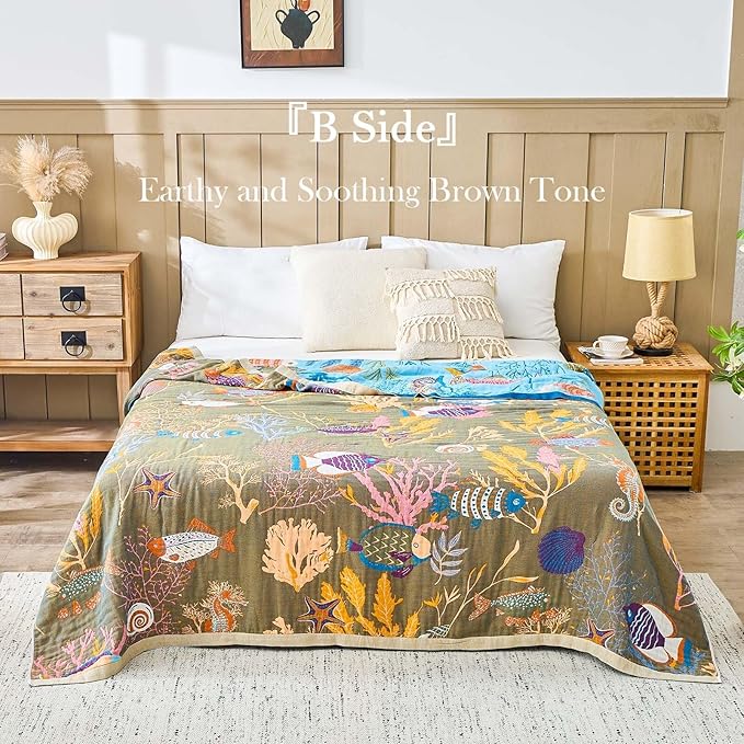 Blue Boho Blanket, 90"x98" Soft Farmhouse Decorative Throw Blanket, 100% Cotton Reversible Vintage Muslin Quilt Bohemian Decor Woven Blanket All Season Blankets for Sofa Couch Chair