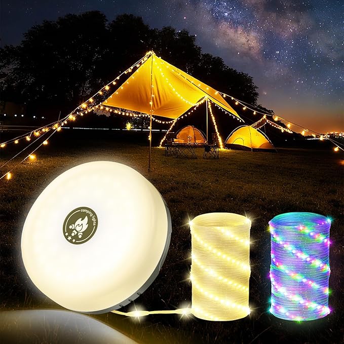 Camping String Lights,4 in 1 Portable 32.8FT Light,Rechargeable Outdoor String Lights with 8 Lighting Modes,Hanging Portable LED Lamp for Christmas,Garden,Camping Essentials
