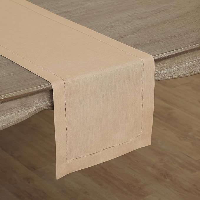 Solino Home Linen Beige Table Runner 72 Inches Long - 100% Pure Linen Hemstitch Table Runner 14 x 72 Inch for Dresser, Dining, Spring, Easter - Classic Hemstitch