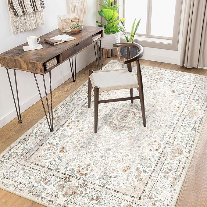 Boho Rug 4'x6.5',Washable Area Rugs for Bedroom Living Room Kitchen Entryway,Small Vintage Bohemian Distressed Non Slip Carpet,Beige