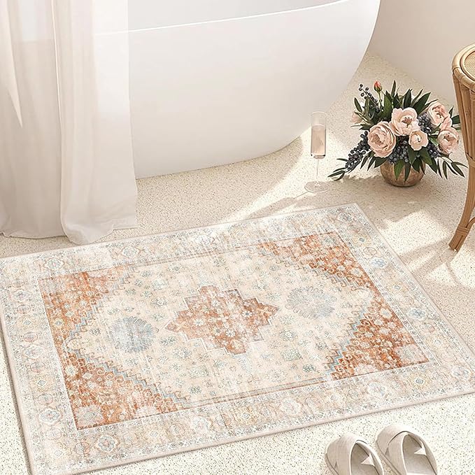 MUJOO Small Rug,2x3 Washable Area Rugs for Bathroom Entryway Entry Entrance Bedroom,Indoor Front Door Mat Non Slip Throw Carpet Boho Low Pile Terracotta