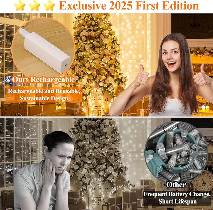 Lakumu 132FT(33 * 4) Fairy Lights Battery Operated, Rechargeable String Lights with Timer, LED Twinkle Lights for Bedroom, Christmas Decorations, Wedding, Centerpiece Table Decor Warm White