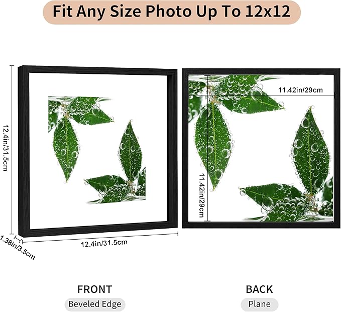 12x12 Floating Picture Frame Set of 2, Double Glass Photo Frame Wooden Frame for Wall Mount or Tabletop Displays for 8x10, 10x10 inch Pictures, Plane Edge Frames, Black