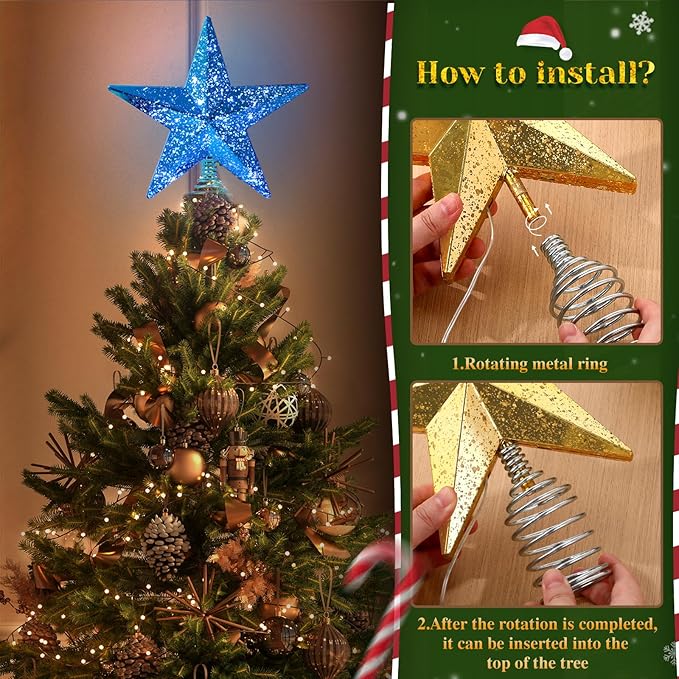 Blue Christmas Tree Star Topper with Lights, 8.5-Inch Light-Up Christmas Tree Topper with Remote Control, 4 Brightness Levels & 8 Light Modes, Faux Mercury Glitter Design with 20 Lights