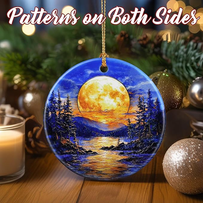 Christmas Ornaments, Dodosky 2.8in Ceramic Ornament, Xmas Decor, Christmas Tree Ornaments, Xmas Decorations for Tree, Holiday Ornament, Gift Ideas, Gifts for Women Men - Full Moon Over Forest Lake
