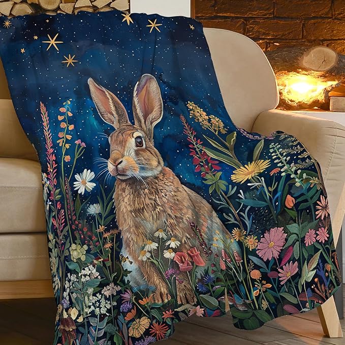 Bunny Throw Blanket Cute Rabbit Floral Decor Blanket Super Cozy Plush Lightweight Soft Plush Flannel Fleece Jungle Animal Forest Blanket Gifts for Girls Boys Kids Women Men for Sofa Bed Couch 60"X80"